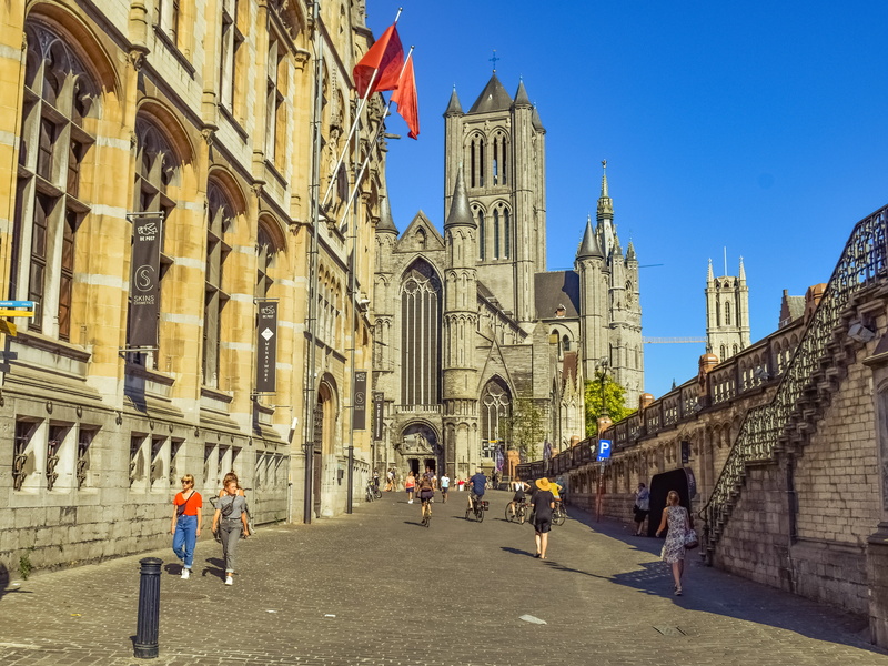 built structure, crowd, travel destinations, building exterior, belgium, place of worship, flanders, tourism, sky, 4K, flag, ghent, gent, architecture