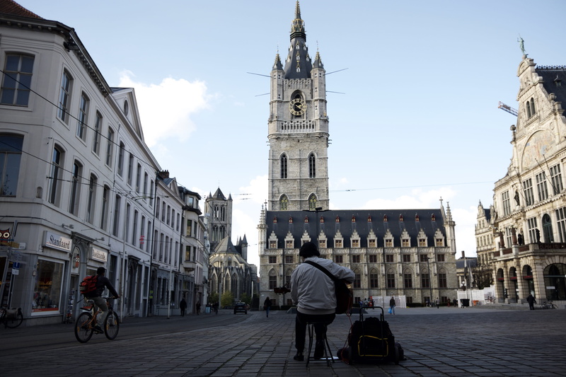 bicycle, building exterior, guitar, ghent, land vehicle, lifestyles, gent, mode of transportation, built structure, city, 4K, rear view, women, people