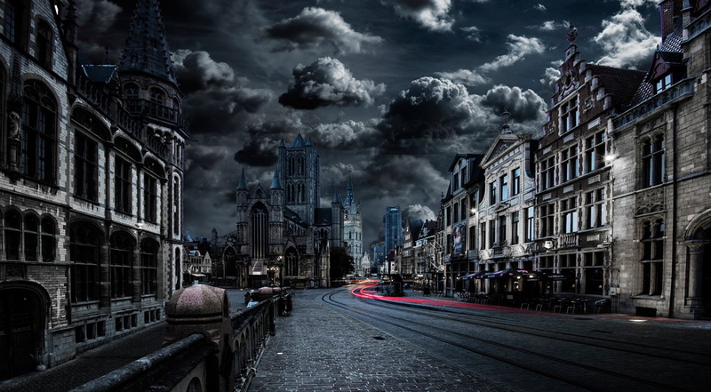 Night, Belgium, Time-Lapse, Gent, sky, built structure, Dark, no people, cityscape, Town, City, outdoors, city life, Building, transportation, nature, road