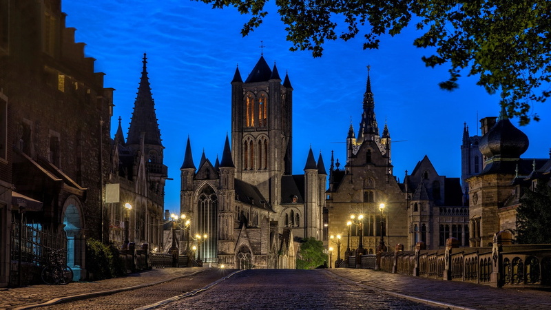 spire, st michael bridge, the past, nature, street light, travel destinations, st michaels bridge, illuminated, belgium, bridge, gent, history, evening