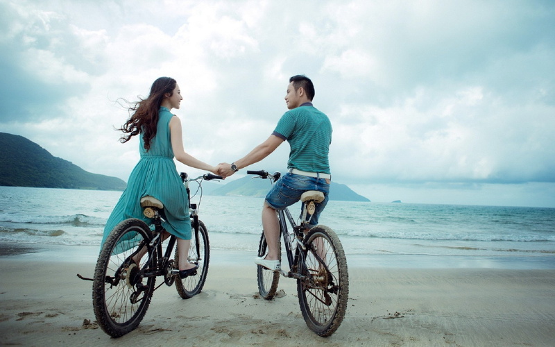 pareja, playa, bicicletas, amor, 1080P, novios
