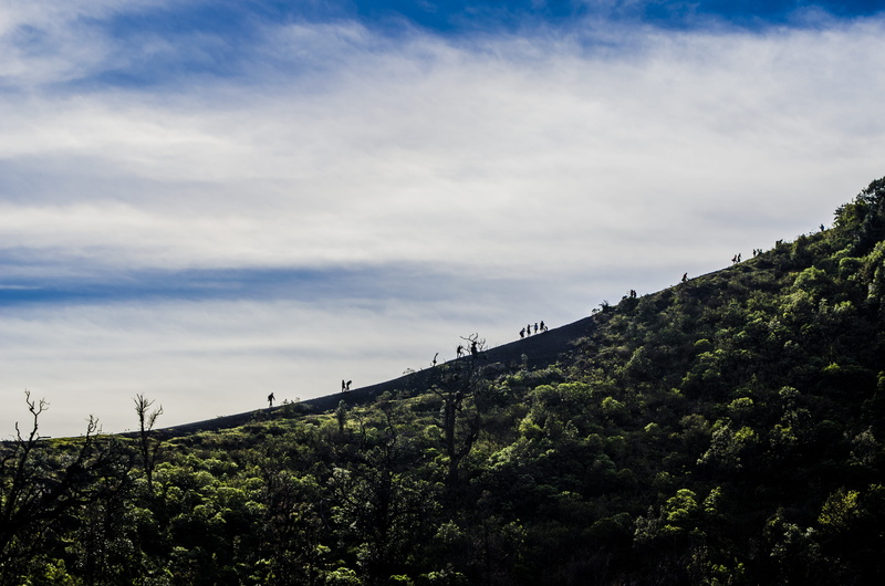 low angle view, siluetas, day, people, idyllic, beauty in nature, mountain, non-urban scene, volcano, 4K, explore, clouds, green color, scenics - nature