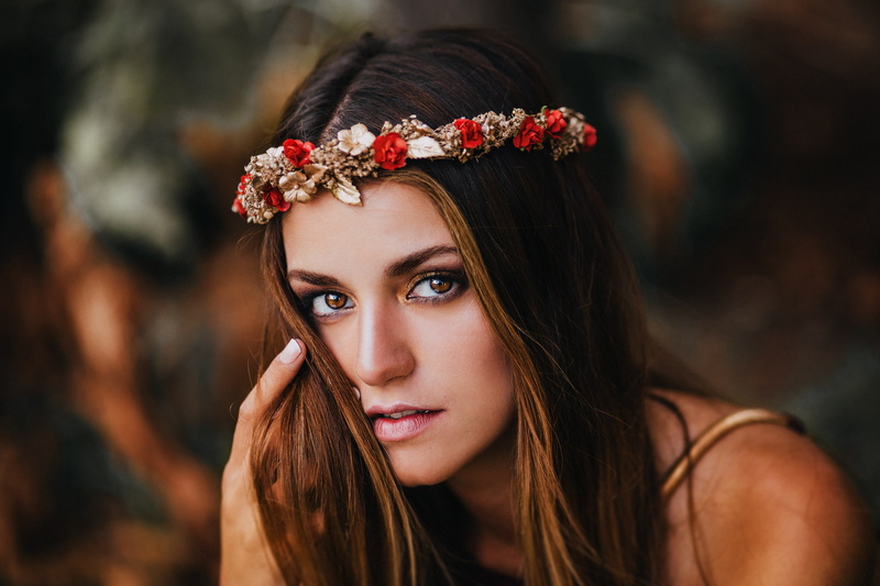 wreaths, women, brown eyes, brunette, 1080P, Ronny Garcia, Ombre Hair, looking at viewer, holding hair