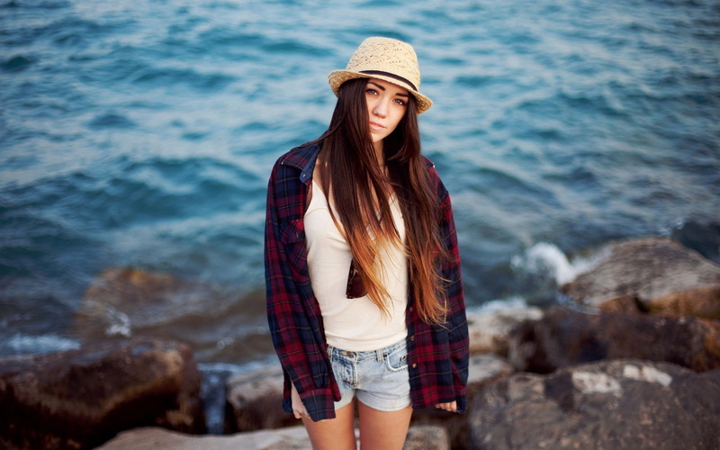 Ombre Hair, young women, water, women outdoors, teenager, shirt, plaid, brown hair, sea, hairstyle, straight hair, one person, millinery, long hair, beautiful woman