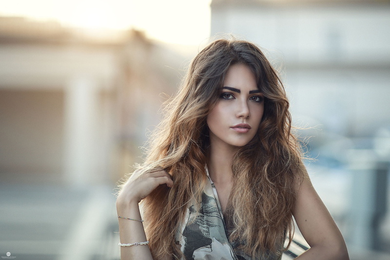 bench, dress, long hair, 1080P, make up, bracelets, Sweet Ary, Ombre Hair, Alessandro Di Cicco, hands in hair, women