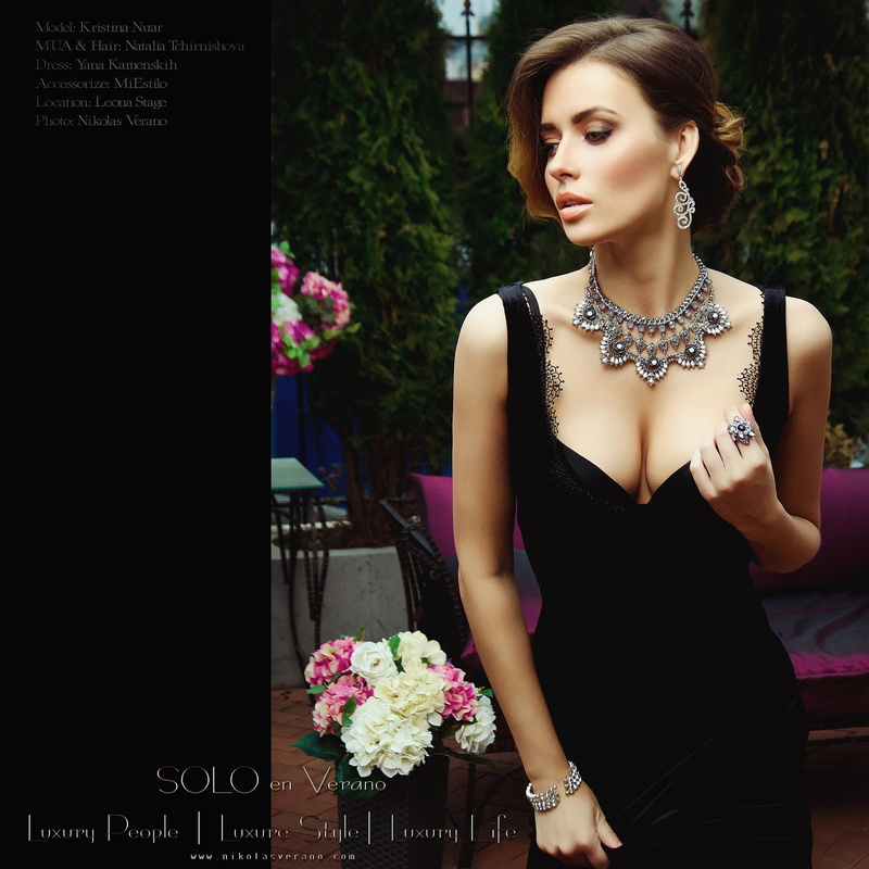 blush, glamour, flowers, garden, necklace, women, bracelets, Kristina Nuar, lipstick, brunette, jewelry, rings, black clothing, fashion, Nikolas Verano