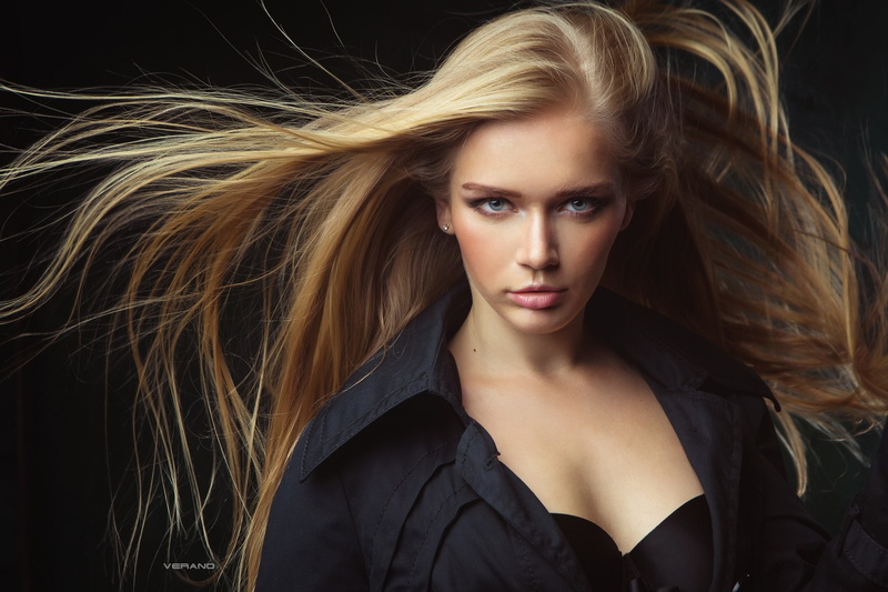 women, Nikolas Verano, blue eyes, black coat, model, Yulia Vasilieva, black bras, straight hair, 1080P, looking at viewer, long hair, portrait, simple
