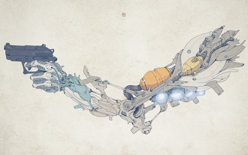 gun, weapons, pistol, style, 1920x1200, details, biomechanics, weapon, hand, 1080P