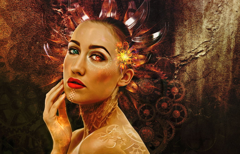 elegance, adult, fashion, hairstyle, female, lipstick, biomechanical, sci-fi, portrait, glamour, beauty, hair, futuristic, indoors, headshot, painting
