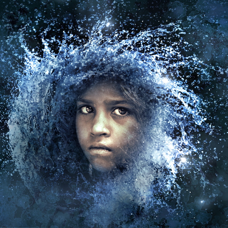photo montage, blue, human face, inject, water, dynamic, fantastic, music, beautiful woman, black background, studio shot, looking, outline, rotation, body part