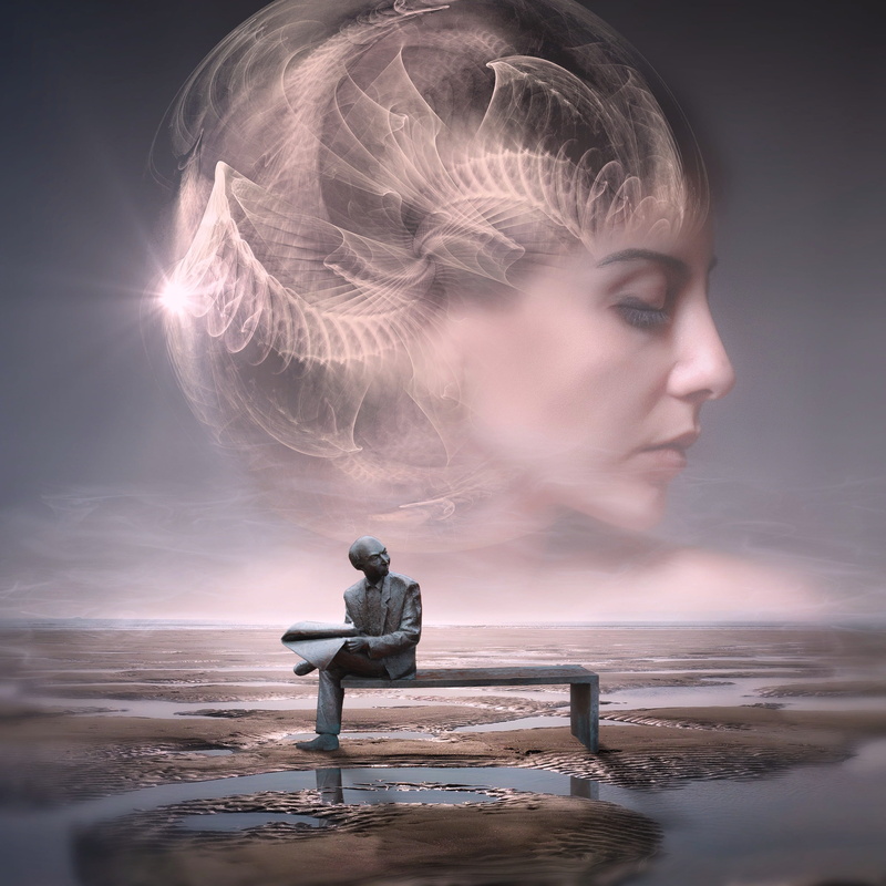 mystical, statue, gray, concrete, head, nature, blue, photo manipulation, sea, astronomy, beautiful, looking, dream, sitting, man, profile view, outdoors