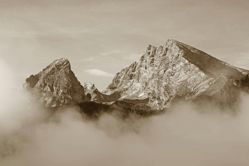 adventure, berchtesgaden, sea of fog, bavaria, geology, mountain peak, fog, tranquil scene, no people, enormous, tranquility, background, idyllic, outdoors