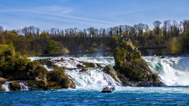 water, tree, flowing water, trees, beauty in nature, day, travel, flowing, ship, nautical vessel, daytime, rhine falls, plant, enormous, surrounded, 4K