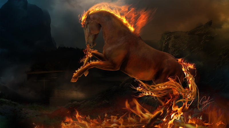 nature, illuminated, side view, motion, blurred motion, fire - natural phenomenon, architecture, fantasy art, digital art, burning, horse, orange color