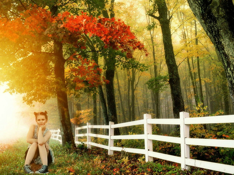 full length, person, casual clothing, smiling, portrait, near, change, wood, real people, young women, caucasian Ethnicity, landscape, relax, fence, resting