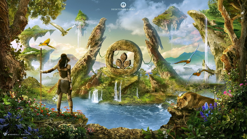 Stone age, Desktopography, lion, Hawks, collage, Prehistoric period, Photoshop, Wendell Souza, Stone tools, plants, fantasy Art, digital art, 2K, parrot