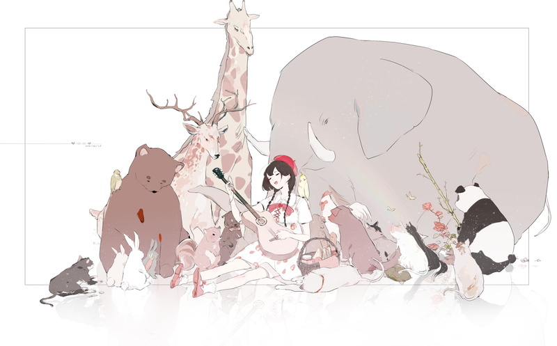 Original, Cap, Panda, Elephant, Cat, Bird, 1080P, Giraffe, Deer, Bear, Rabbit, Braid, Long Hair, Brown Hair, Anime, Dog, Guitar
