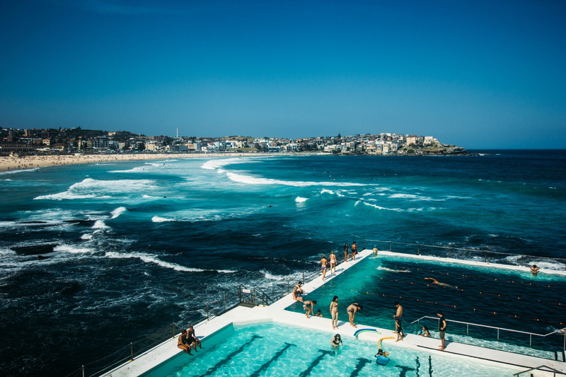 crowd, group of people, turquoise colored, human, blue, motion, 5K, high angle view, beach, bondi beach, horizon over water, swimmers, surf, building exterior