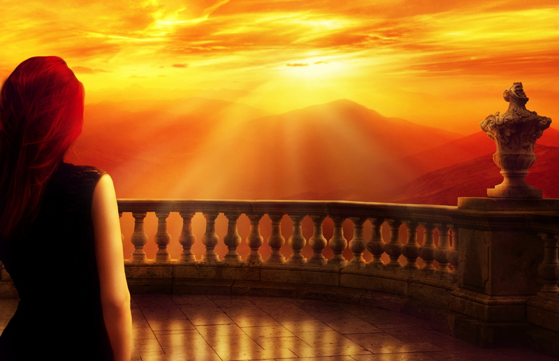 woman, cloud - sky, art and craft, dom, epic, nature, one person, wide, illuminated, sky, atmosphere, rear view, travel, sunlight, orange color, lifestyles