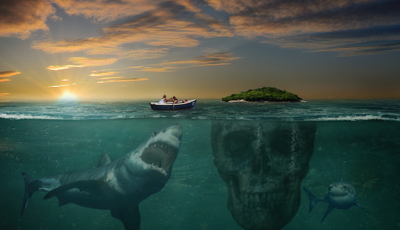 cloud - sky, adventure, transportation, sky, skull and crossbones, reflection, hai, mode of transportation, animal themes, marine, abyss, risk, mystical