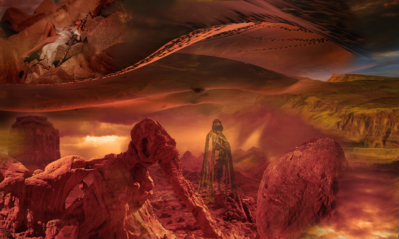landscape, cloud - sky, beautiful, photomontage, compose, fairy tales, woman, sunset, rock, scenics - nature, no people, mountain, solid, fantasy, rock formation