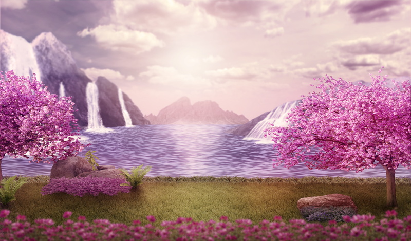 meadow, springtime, background, fantasy, tranquil scene, photomontage, lighting, waterfalls, template, no people, lake, plant, pink, water, flowering plant