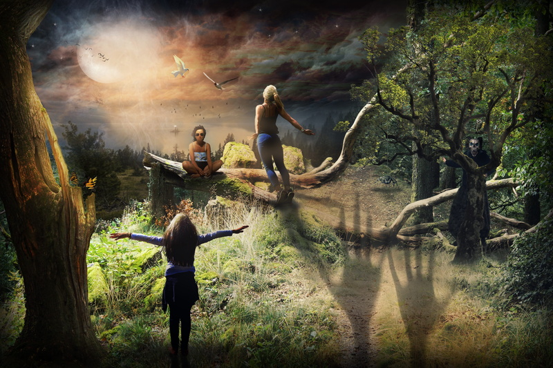 devils pulpit, full length, photomontage, sun worshippers, digital composite, fantasy, nature, plant, group of people, abendstimmung, real people, mood