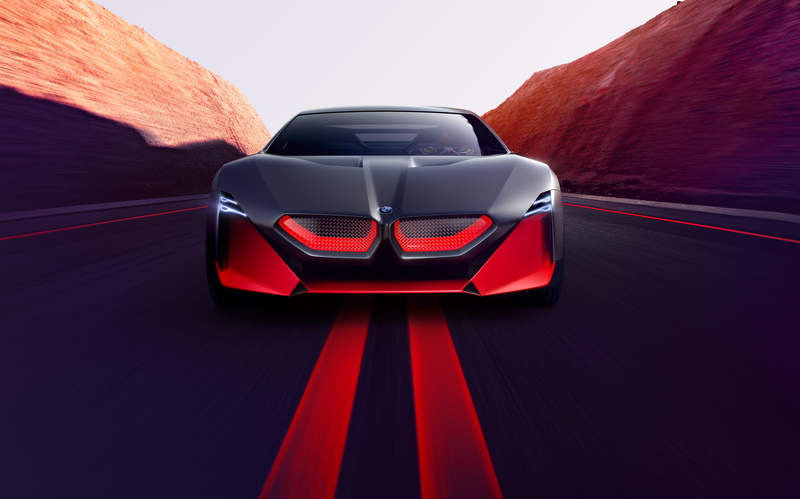 photomontage, transport, artwork, red, sun rays, vehicle, road, 4K, car, lights, concept cars, BMW Vision, BMW Vision M NEXT, BMW, supercars, sports car
