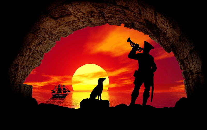 cave, pirate ship, dog, gimp, water, sand, sunset, trick, togetherness, photomontage, 2K, standing, silhouette, rock - object, men, orange color, sun