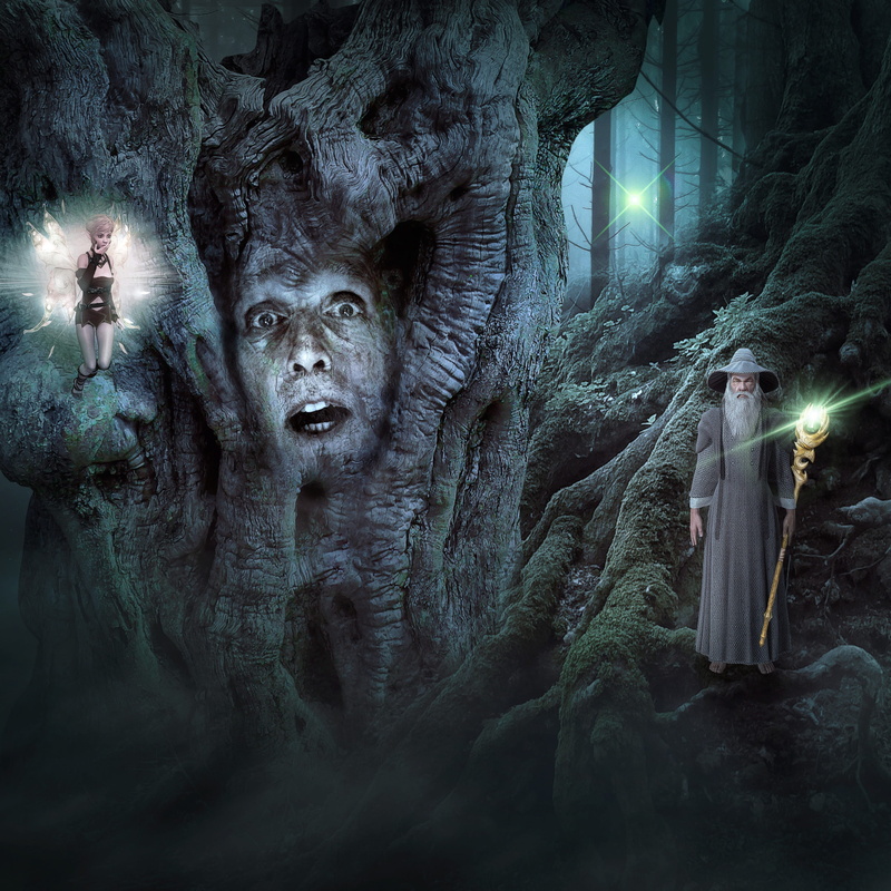 illuminated, magician, composing, photomontage, human representation, fairytale, fear, trunk, fantasy, digital composite, plant, mythical creatures, mystical