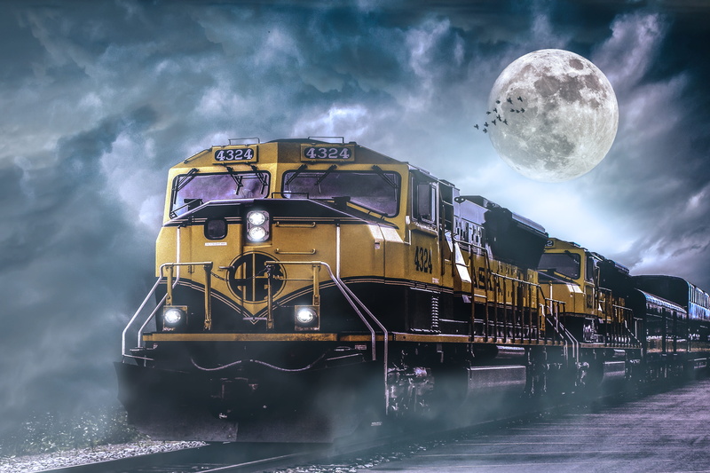 loco, full moon, clouds, outdoors, transport, locomotive, railway, cloud - sky, haze, at night, night, mood, sea, no people, moon, public means of transport