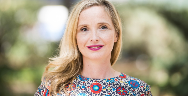 blonde, contemplation, beautiful woman, floral pattern, Julie Delpy, mature adult, 5K, pink lipstick, looking at camera, long hair, beauty, blond hair