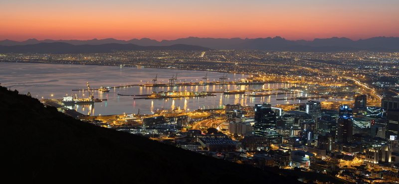 built structure, building exterior, mountain, no people, light, illuminated, view, cape town, city, travel destinations, sea, water, dawn, dusk, sky, 5K