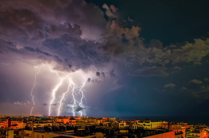 ominous, night, greece, cityscape, forked lightning, nature, beauty in nature, townscape, thunder, storm cloud, built structure, bolt, architecture, lapse