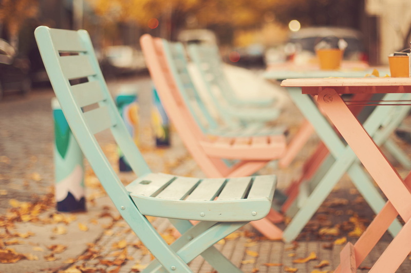 wooden, business, focus on foreground, seat, day, empty, coffee shop, set, pink, setting, no People, wood - Material, folding table, still life, teal, summer