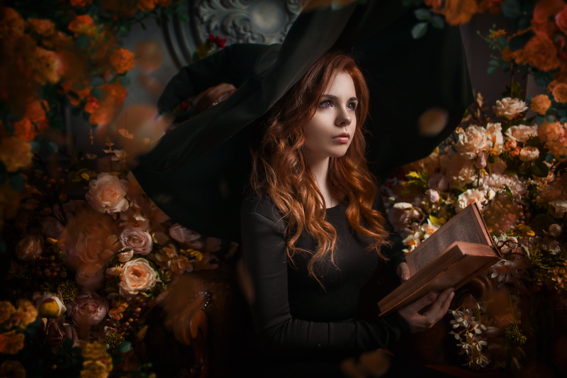 Long Hair, Flower, Witch Hat, Woman, Women, White Flower, Redhead, Witch, 5K, Rose, Cosplay, Book, Girl