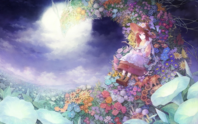 solo, hat, original, pixiv, hair, russel, source, rose, full, dress, mountains, sitting, 1080P, moon, flower, smile, sky, red, long, field, camera, night