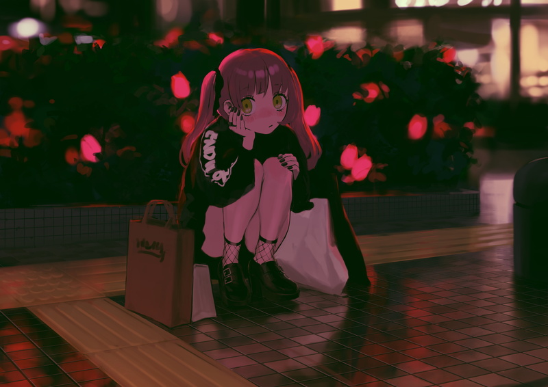 fishnet, original characters, roses, kneeling, anime girls, 8K, anime, city lights, black nails, green eyes, twintails, redhead, bangs, women outdoors