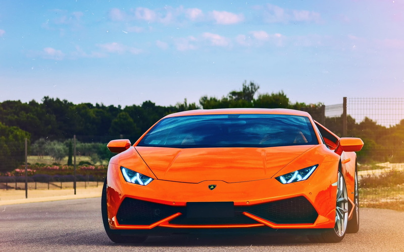 outdoors, vehicle, orange cars, motor vehicle, vintage car, no people, tree, Lamborghini, land vehicle, blue, nature, sunlight, day, coupe, orange color