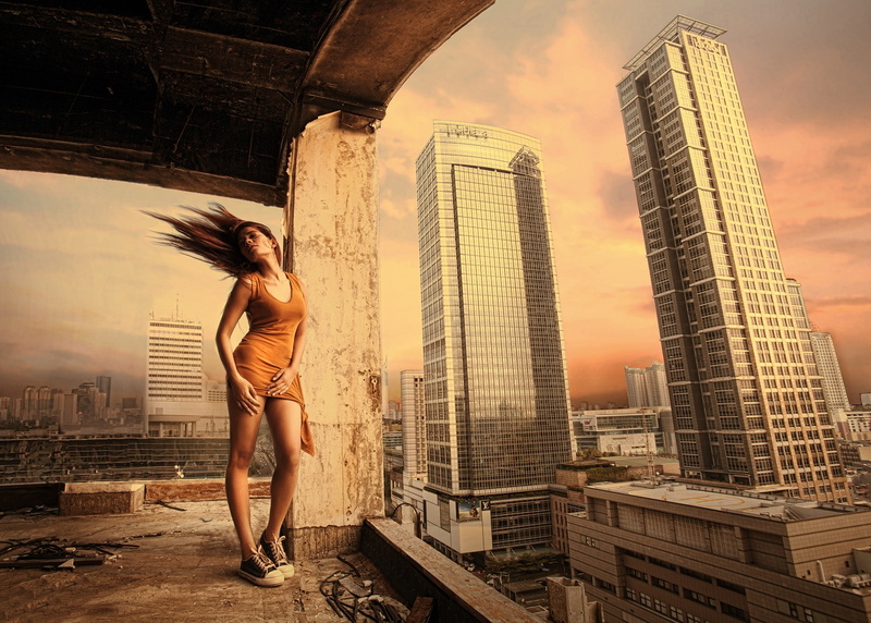 windy, women, cityscape, 1080P, minidress, architecture, model