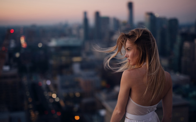 open, back, architecture, depth of field, building exterior, focus, white, wearing, cityscape, looking, lifestyles, s, waist up, summer, white dress, photography