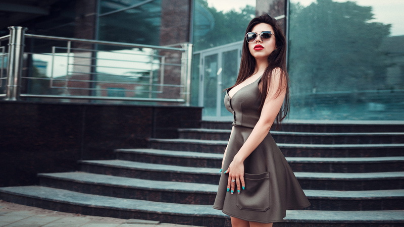 fashion, beauty, young women, dress, adult, red lipstick, clothing, women outdoors, cleavage, modern, women, staircase, brunette, Sergey Krys, steps and staircases