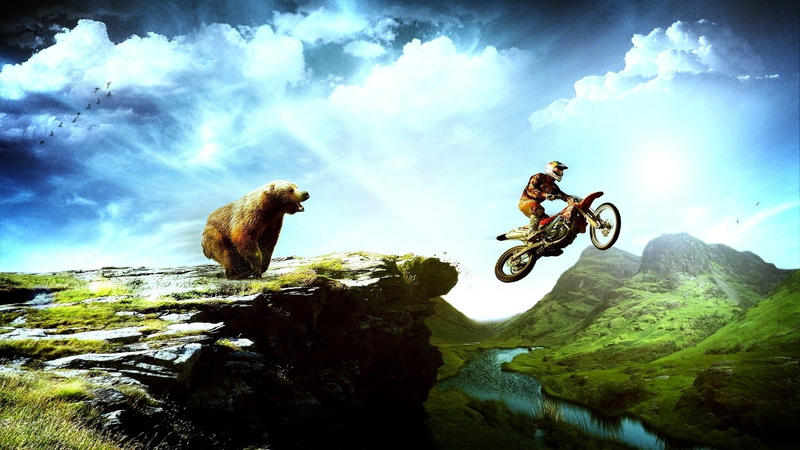 landscape, motorcyclist, mountains, bear, 1080P