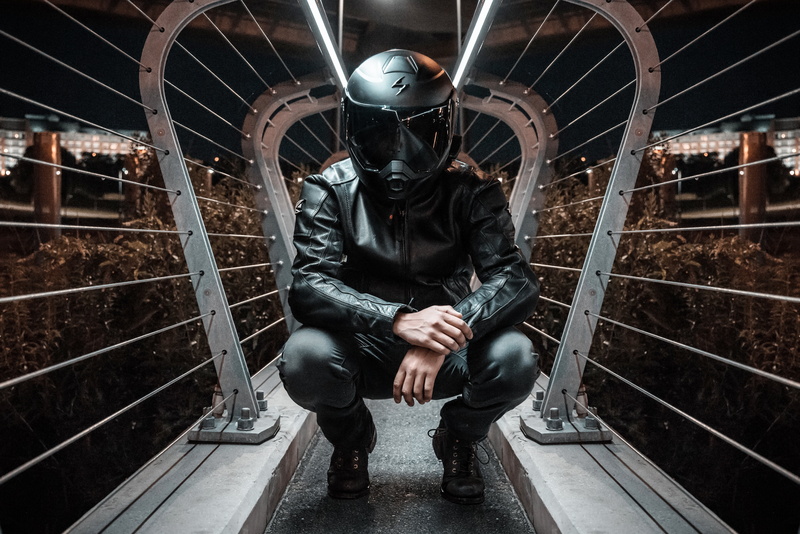 one Person, social issues, counter-terrorism, full, face, men, front view, outdoors, adult, clothing, depression - sadness, biker, cyborg, staircase, mask