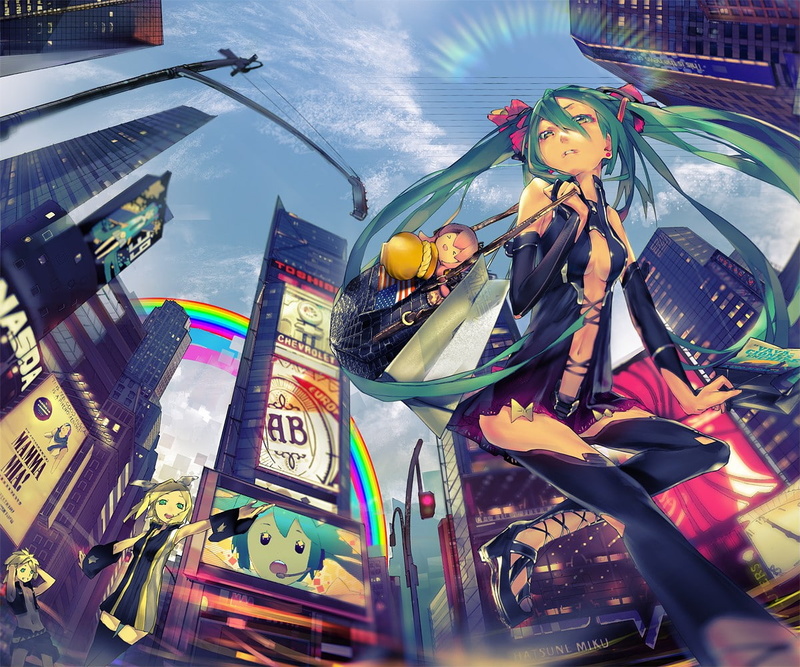group of people, cloud - sky, mode of transportation, 480P, Hatsune Miku, built structure, outdoors, building exterior, Times Square, real people, illuminated