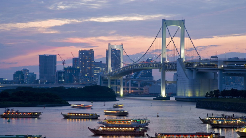 river, nature, rainbow bridge, built structure, architecture, modern, dusk, japan, skyscraper, evening, bay, skyline, sunset, nautical vessel, travel destinations