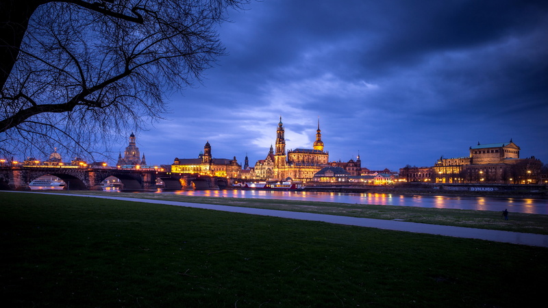 dresden, illuminated, dusk, sky, night, tourism, cloud, reflection, nature, water, 4K, outdoors, town, travel, germany, katholische hofkirche, building