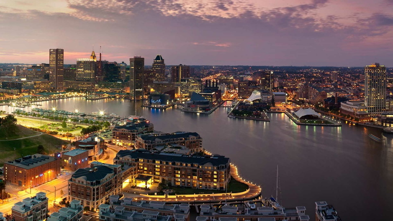aerial photography, waterway, evening, dusk, skyline, 1080P, usa, architecture, city, high angle view, baltimore, building exterior, transportation, building