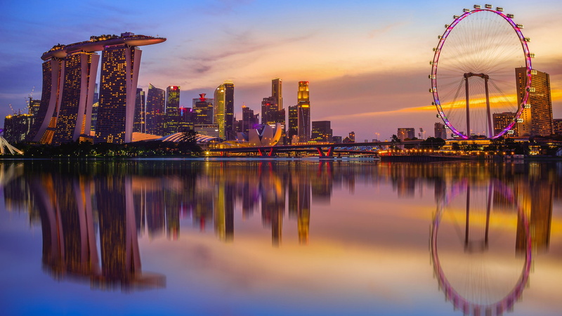 water, landmark, metropolis, modern, city, dusk, landscape, singapore, orange sky, sunset, skyline, cityscape, marina bay, building exterior, building