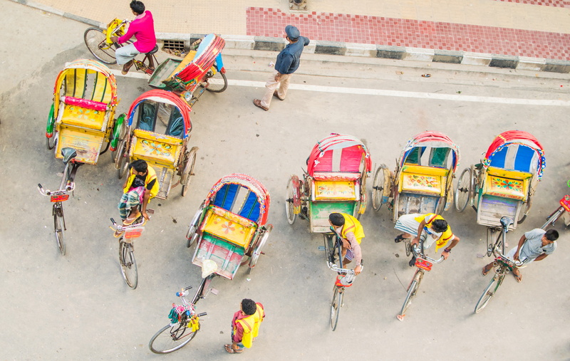 adult, color, land vehicle, city life, transportation, city, rickshaw, walking, bright, architecture, mode of transportation, rickshaw puller, men, bangladesh